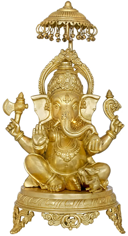 Brassaura™ Large Brass Ganesha Idol for Home Temple & Entrance Decor | 21 Inches | 13.60 kgs