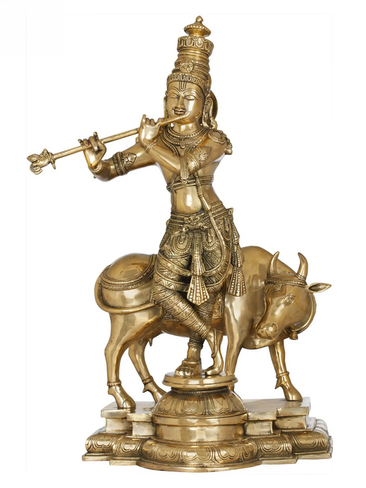 Brassaura® Brass Krishna Statue with Inlay Work | Height 25.59 Inches & Weight 25.20 kg