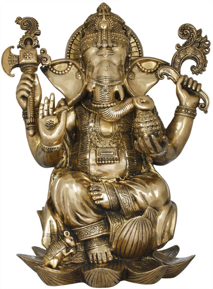 ब्रासौर (Brassaura)™ ब्रास लोटस गणेश मूर्ति घर के मंदिर और प्रवेश द्वार की सजावट के लिए | 22 इंच | 28 किग्रा