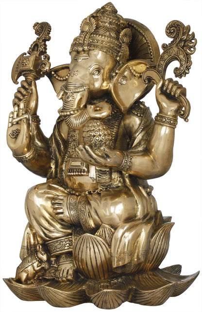 ब्रासौर (Brassaura)™ ब्रास लोटस गणेश मूर्ति घर के मंदिर और प्रवेश द्वार की सजावट के लिए | 22 इंच | 28 किग्रा