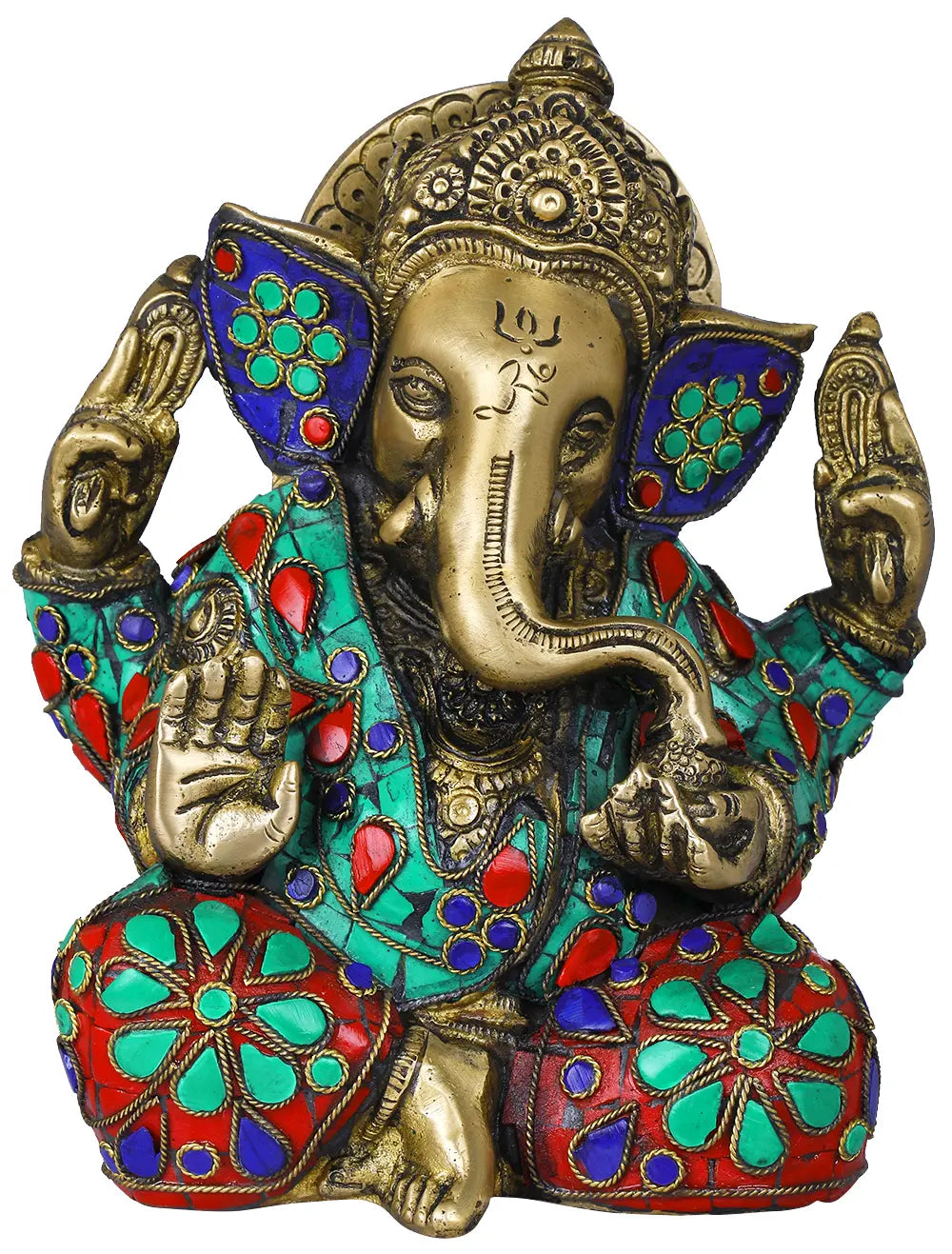 Brassaura® Lord Ganesha with Meenakari Stonework | Pure Brass | Height 7 Inches & Weight 2.30 kgs