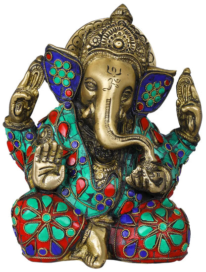 Brassaura® Lord Ganesha with Meenakari Stonework | Pure Brass | Height 7 Inches & Weight 2.30 kgs