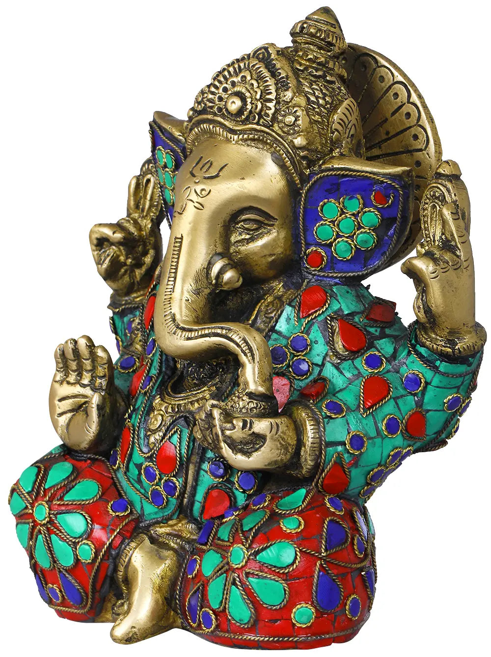 Brassaura® Lord Ganesha with Meenakari Stonework | Pure Brass | Height 7 Inches & Weight 2.30 kgs