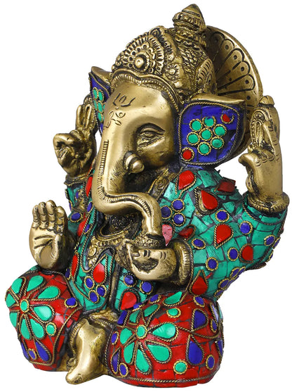 Brassaura® Lord Ganesha with Meenakari Stonework | Pure Brass | Height 7 Inches & Weight 2.30 kgs
