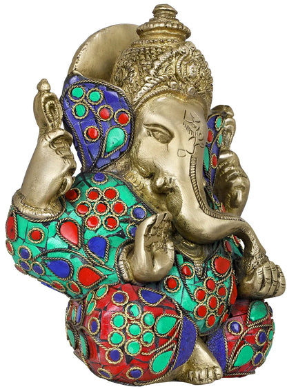 Brassaura® Mini Inlay Work Ganesha Idol | Height 5.71 Inches & Weight 1.70 kgs