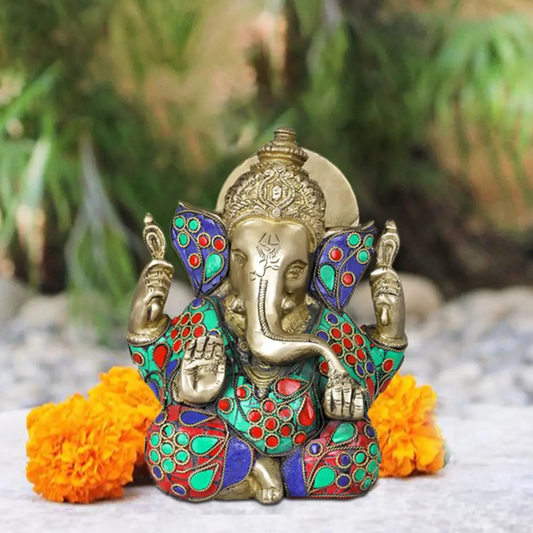 Brassaura® Mini Inlay Work Ganesha Idol | Height 5.71 Inches & Weight 1.70 kgs