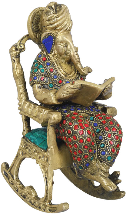 Brassaura® Scholar Ganesha on Rocking Chair with Stone Inlay Work | Height 7.09 Inches & Weight 1.80 kgs