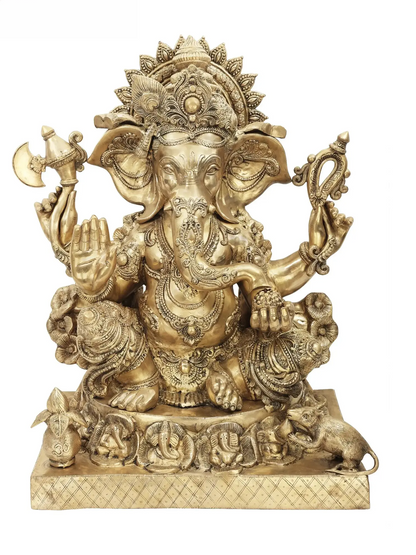 Brassaura™  Large Brass Ganesha Idol for Temple & Grand Entrance Decor | 32 Inches | 69.50 kgs