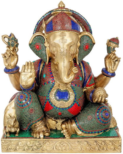 Brassaura™ Big Brass Ganesha Statue with Inlay Work | Height 33 Inches & Weight 82.50 kgs