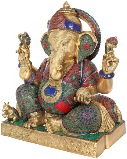Brassaura™ Big Brass Ganesha Statue with Inlay Work | Height 33 Inches & Weight 82.50 kgs