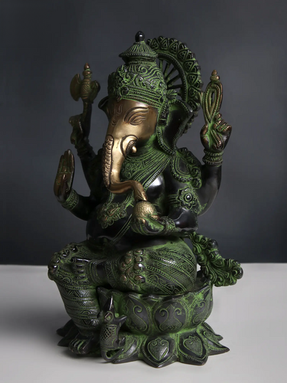 Brassaura™ Pure Brass Ganesha Idol for Home Temple & Pooja Room Decor | 12 Inches | 6.70 kgs