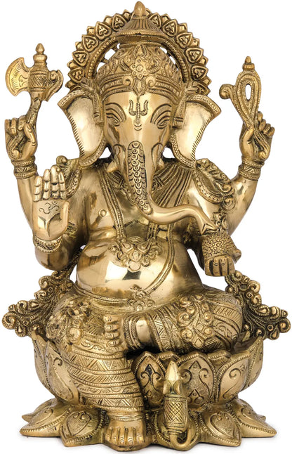 Brassaura™ Pure Brass Ganesha Idol for Home Temple & Pooja Room Decor | 12 Inches | 6.70 kgs