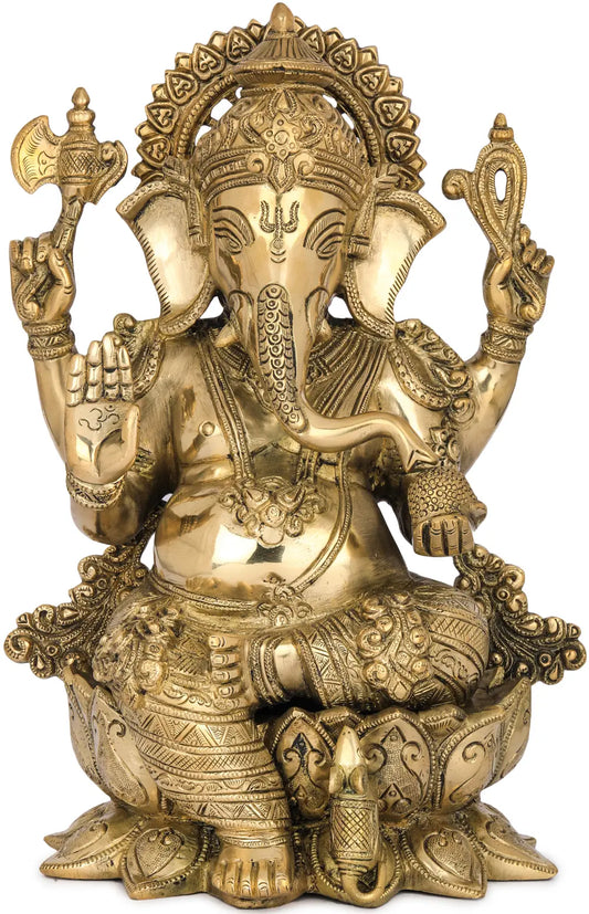 Brassaura™ घर के मंदिर और पूजा कक्ष की सजावट के लिए शुद्ध पीतल की गणेश प्रतिमा | 12 इंच | 6.70 किलोग्राम