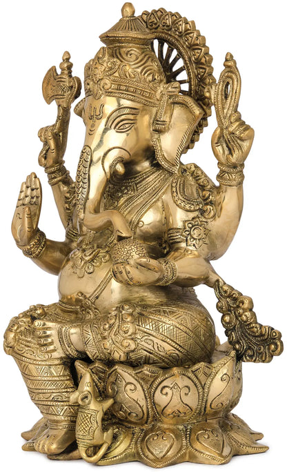 Brassaura™ Pure Brass Ganesha Idol for Home Temple & Pooja Room Decor | 12 Inches | 6.70 kgs