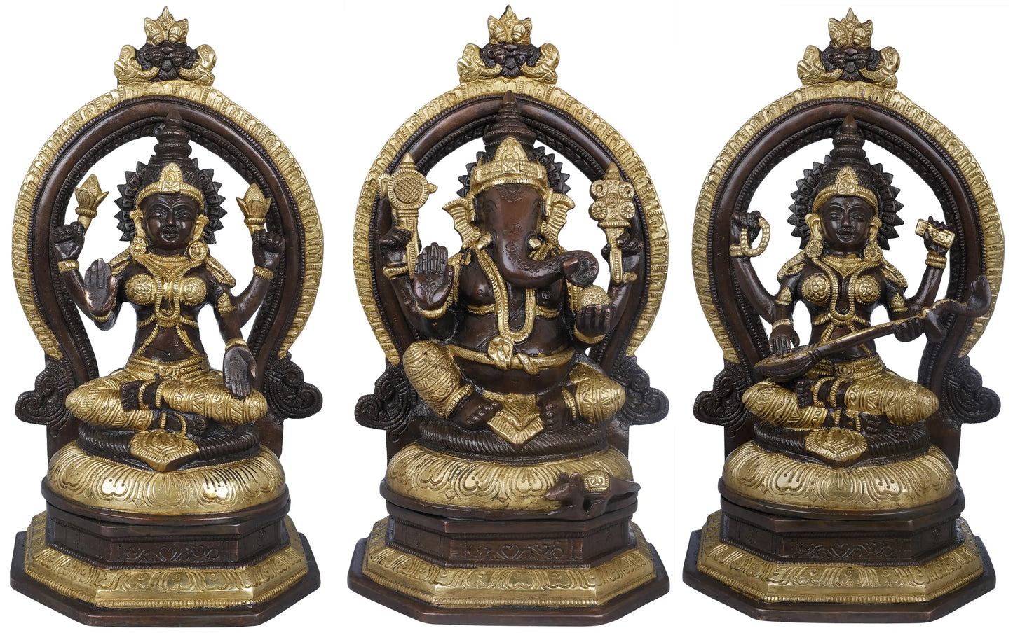 Brassaura™ Brass Laxmi Ganesh Saraswati Idol Set for Home Temple & Diwali Decor | 11 Inches | 11.7 kgs