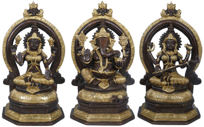 Brassaura™ Brass Laxmi Ganesh Saraswati Idol Set for Home Temple & Diwali Decor | 11 Inches | 11.7 kgs