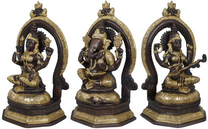 Brassaura™ Brass Laxmi Ganesh Saraswati Idol Set for Home Temple & Diwali Decor | 11 Inches | 11.7 kgs