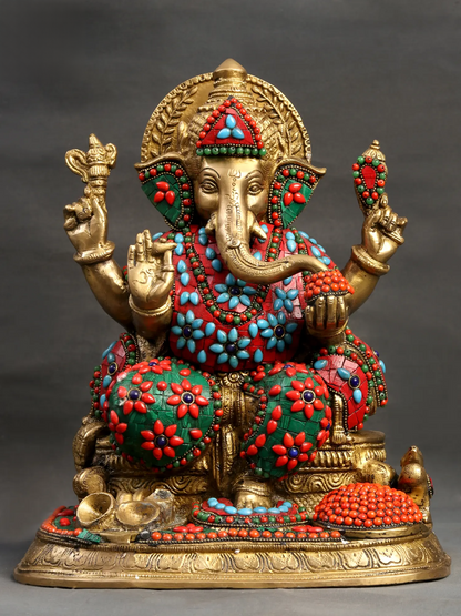 Brassaura™ Brass Ganesha Idol with Meenakari Stone Inlay Work for Home Temple Decor | 13 Inches | 11 kgs