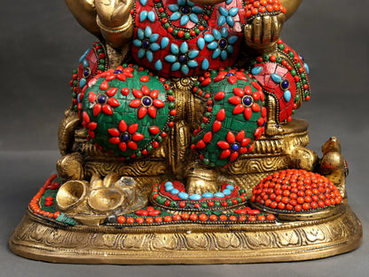 Brassaura™ Brass Ganesha Idol with Meenakari Stone Inlay Work for Home Temple Decor | 13 Inches | 11 kgs
