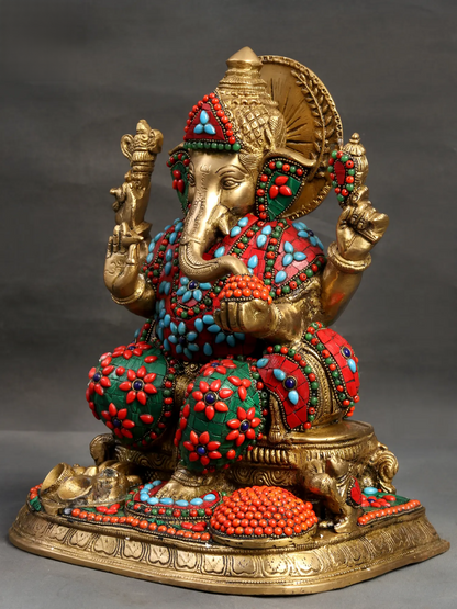 Brassaura™ Brass Ganesha Idol with Meenakari Stone Inlay Work for Home Temple Decor | 13 Inches | 11 kgs