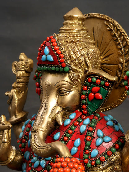 Brassaura™ Brass Ganesha Idol with Meenakari Stone Inlay Work for Home Temple Decor | 13 Inches | 11 kgs