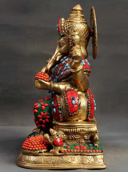 Brassaura™ Brass Ganesha Idol with Meenakari Stone Inlay Work for Home Temple Decor | 13 Inches | 11 kgs