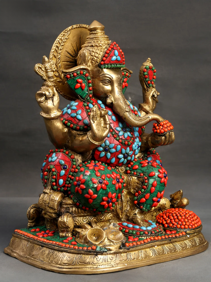 Brassaura™ Brass Ganesha Idol with Meenakari Stone Inlay Work for Home Temple Decor | 13 Inches | 11 kgs