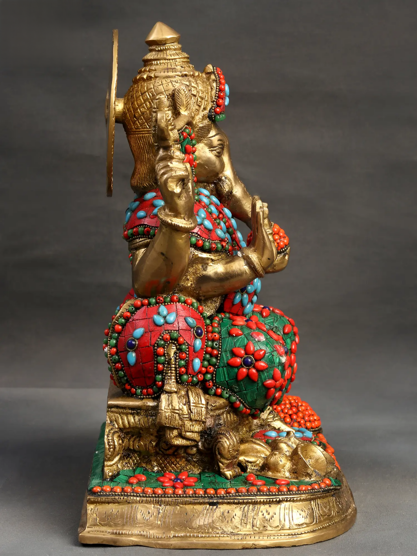 Brassaura™ Brass Ganesha Idol with Meenakari Stone Inlay Work for Home Temple Decor | 13 Inches | 11 kgs