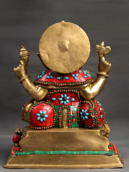 Brassaura™ Brass Ganesha Idol with Meenakari Stone Inlay Work for Home Temple Decor | 13 Inches | 11 kgs