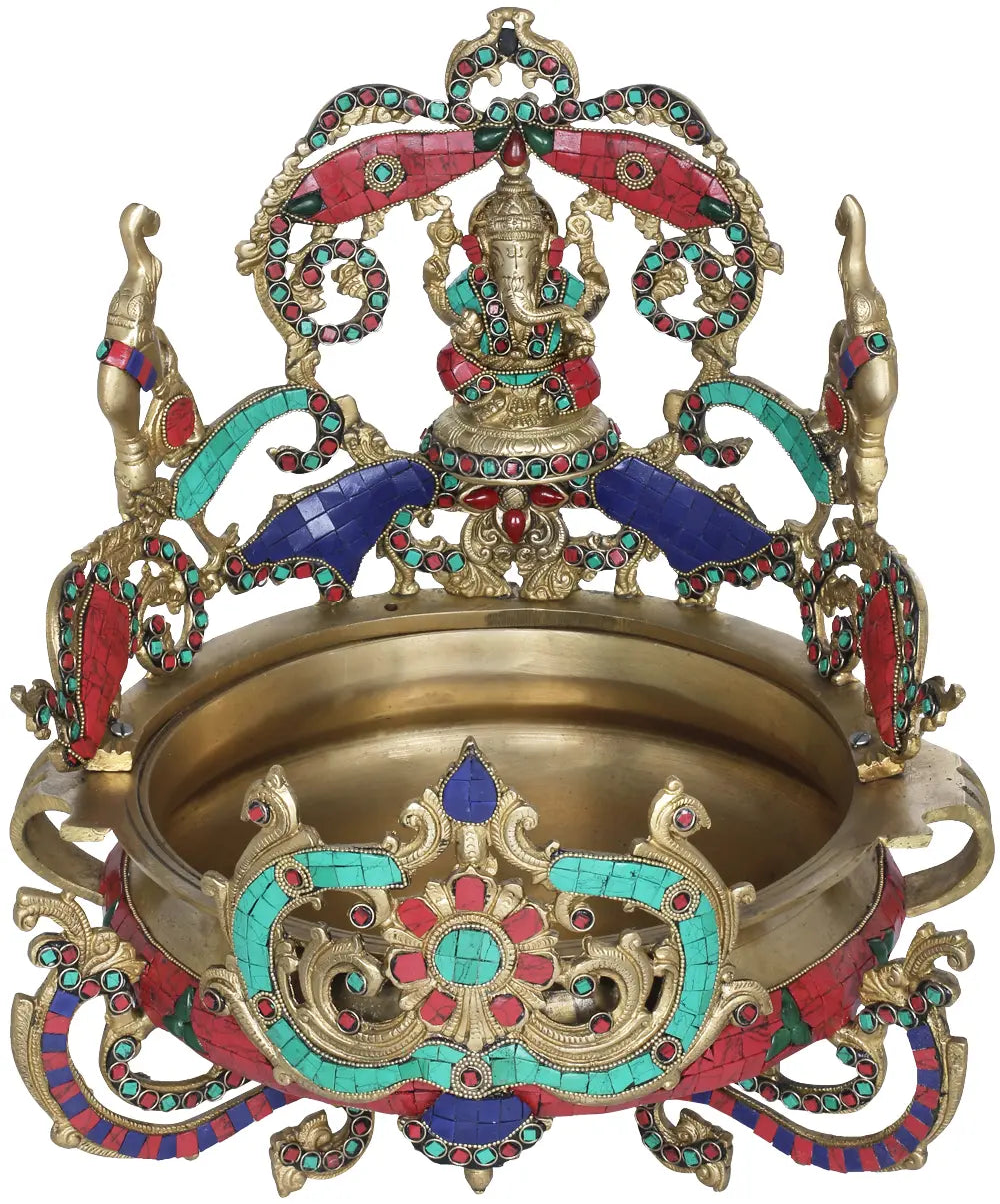 Brassaura™ Brass Ganesh Urli with Inlay Work | Height 16 Inches & Weight 10.70 kgs