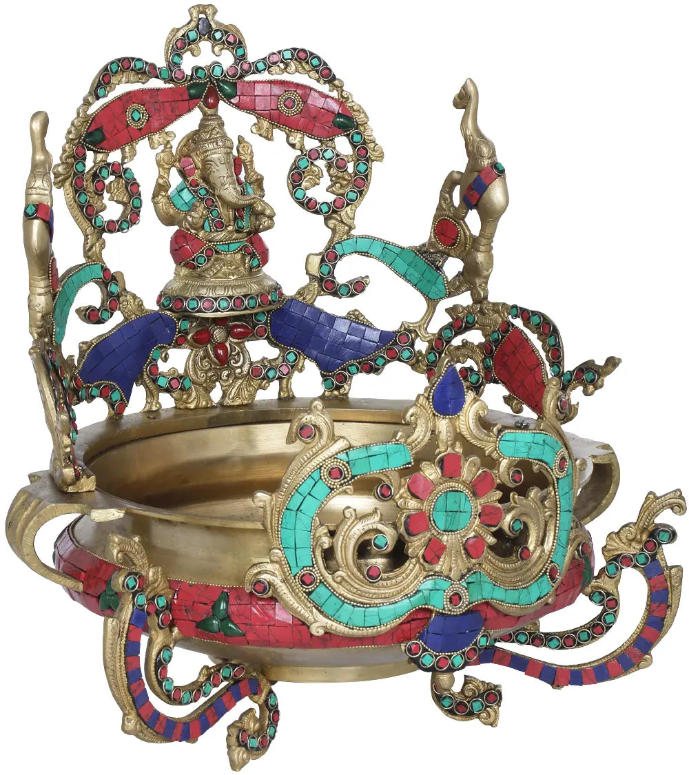 Brassaura™ Brass Ganesh Urli with Inlay Work | Height 16 Inches & Weight 10.70 kgs