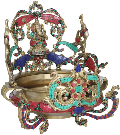 Brassaura™ Brass Ganesh Urli with Inlay Work | Height 16 Inches & Weight 10.70 kgs