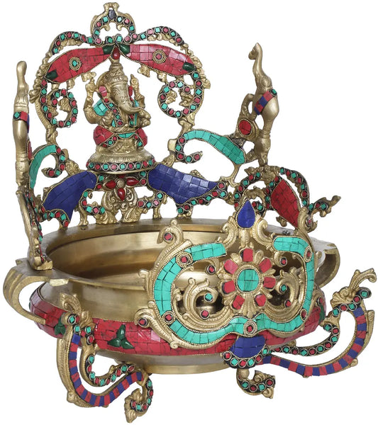 Brassaura™ Brass Ganesh Urli with Inlay Work | Height 16 Inches & Weight 10.70 kgs