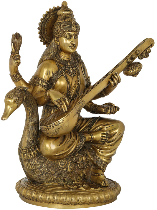 Brassaura® Goddess Saraswati Seated on Swan | Brass Statue | Height 24 Inches & Weight 32.20 kgs