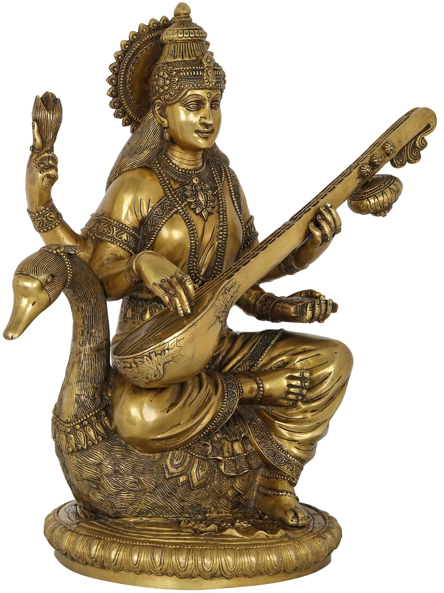 Brassaura® Goddess Saraswati Seated on Swan | Brass Statue | Height 24 Inches & Weight 32.20 kgs
