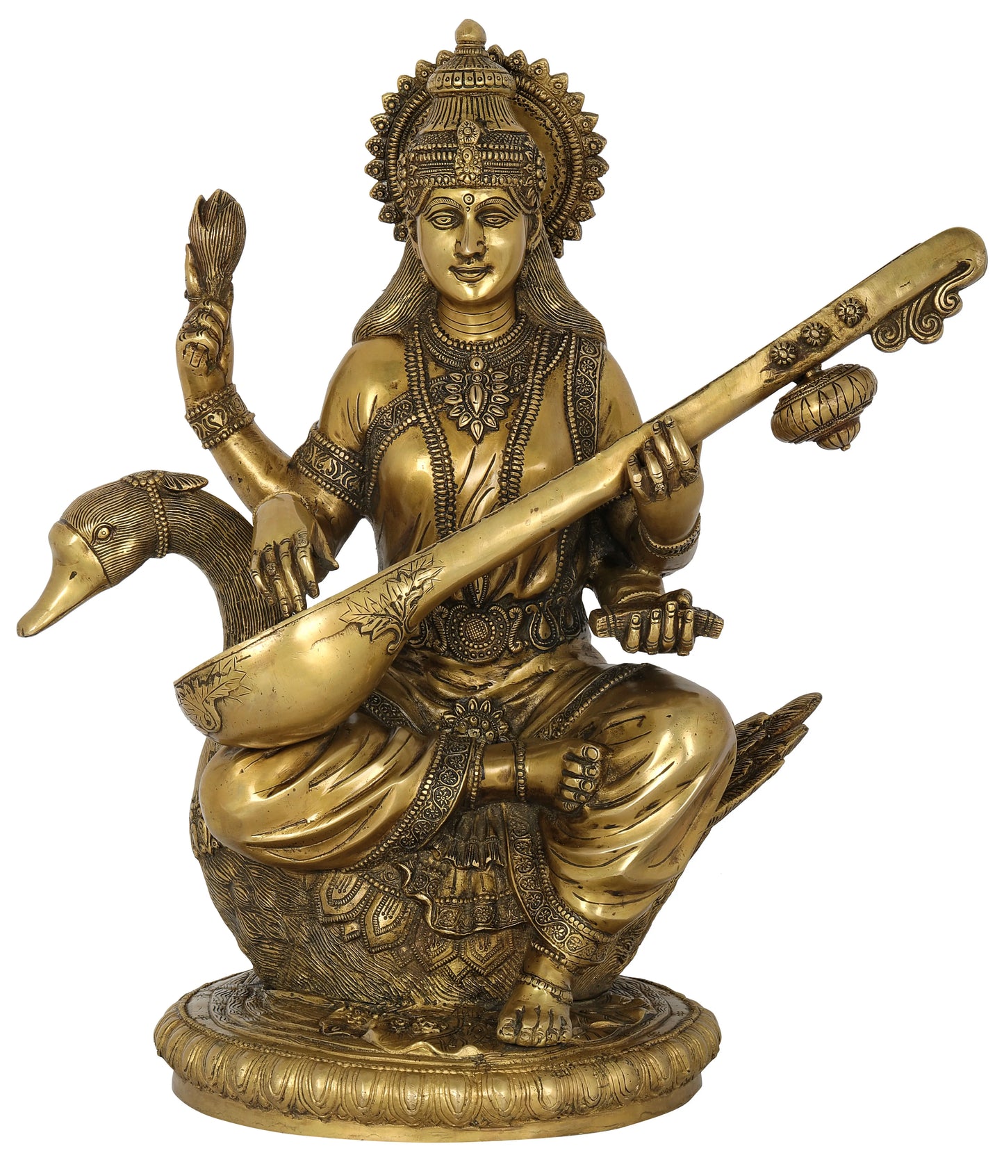 Brassaura® Goddess Saraswati Seated on Swan | Brass Statue | Height 24 Inches & Weight 32.20 kgs
