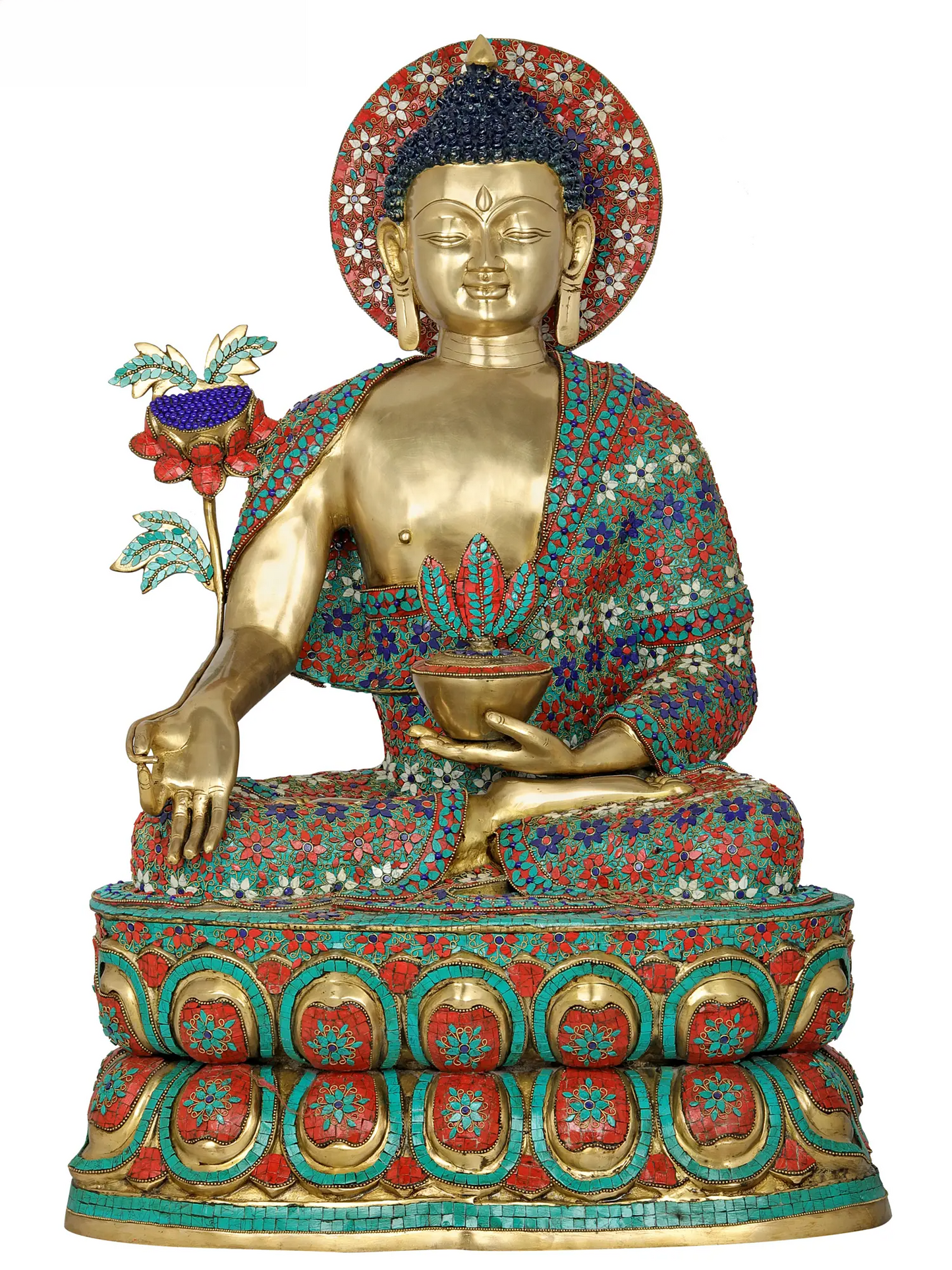 ब्रस्सौरा® हेलो और कमल के तने वाला बैठा बुद्ध | शुद्ध पीतल पत्थर की नक्काशी के साथ | ऊँचाई 38 इंच और वज़न 61 किलोग्राम