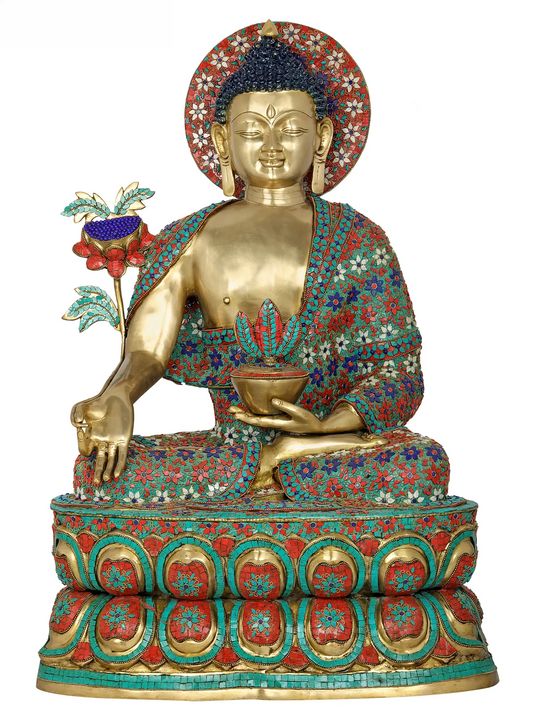 ब्रस्सौरा® हेलो और कमल के तने वाला बैठा बुद्ध | शुद्ध पीतल पत्थर की नक्काशी के साथ | ऊँचाई 38 इंच और वज़न 61 किलोग्राम