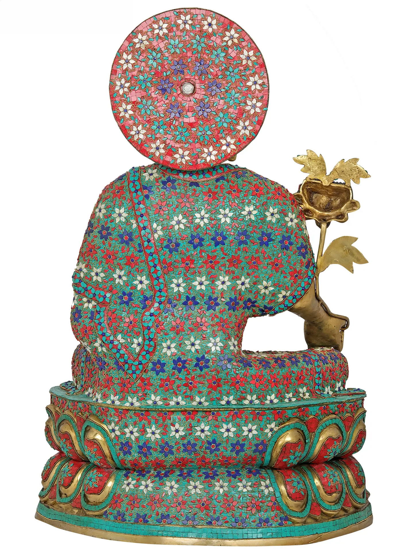 ब्रस्सौरा® हेलो और कमल के तने वाला बैठा बुद्ध | शुद्ध पीतल पत्थर की नक्काशी के साथ | ऊँचाई 38 इंच और वज़न 61 किलोग्राम