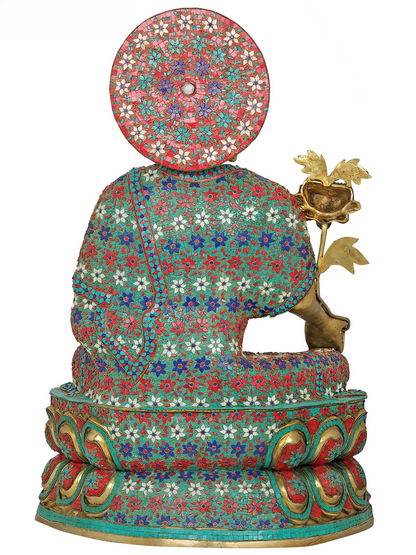 ब्रस्सौरा® हेलो और कमल के तने वाला बैठा बुद्ध | शुद्ध पीतल पत्थर की नक्काशी के साथ | ऊँचाई 38 इंच और वज़न 61 किलोग्राम