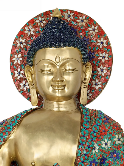 ब्रस्सौरा® हेलो और कमल के तने वाला बैठा बुद्ध | शुद्ध पीतल पत्थर की नक्काशी के साथ | ऊँचाई 38 इंच और वज़न 61 किलोग्राम