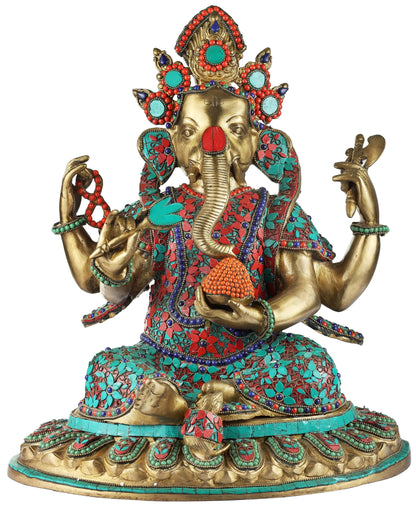 Brassaura™ Brass Ganesha Idol with Inlay Work for Home Temple & Entrance Decor | 17 Inches | 15.20 kgs
