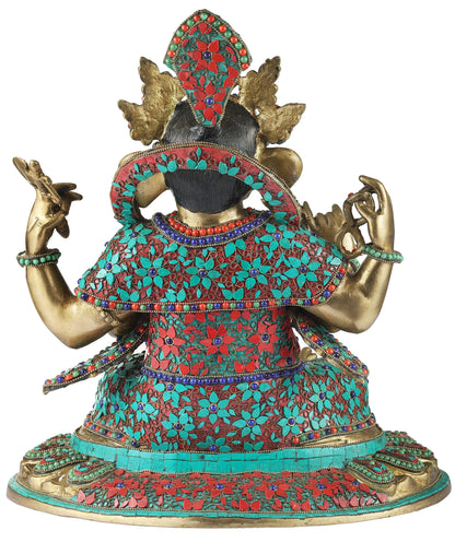 Brassaura™ Brass Ganesha Idol with Inlay Work for Home Temple & Entrance Decor | 17 Inches | 15.20 kgs