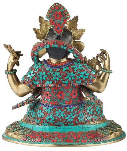 Brassaura™ Brass Ganesha Idol with Inlay Work for Home Temple & Entrance Decor | 17 Inches | 15.20 kgs