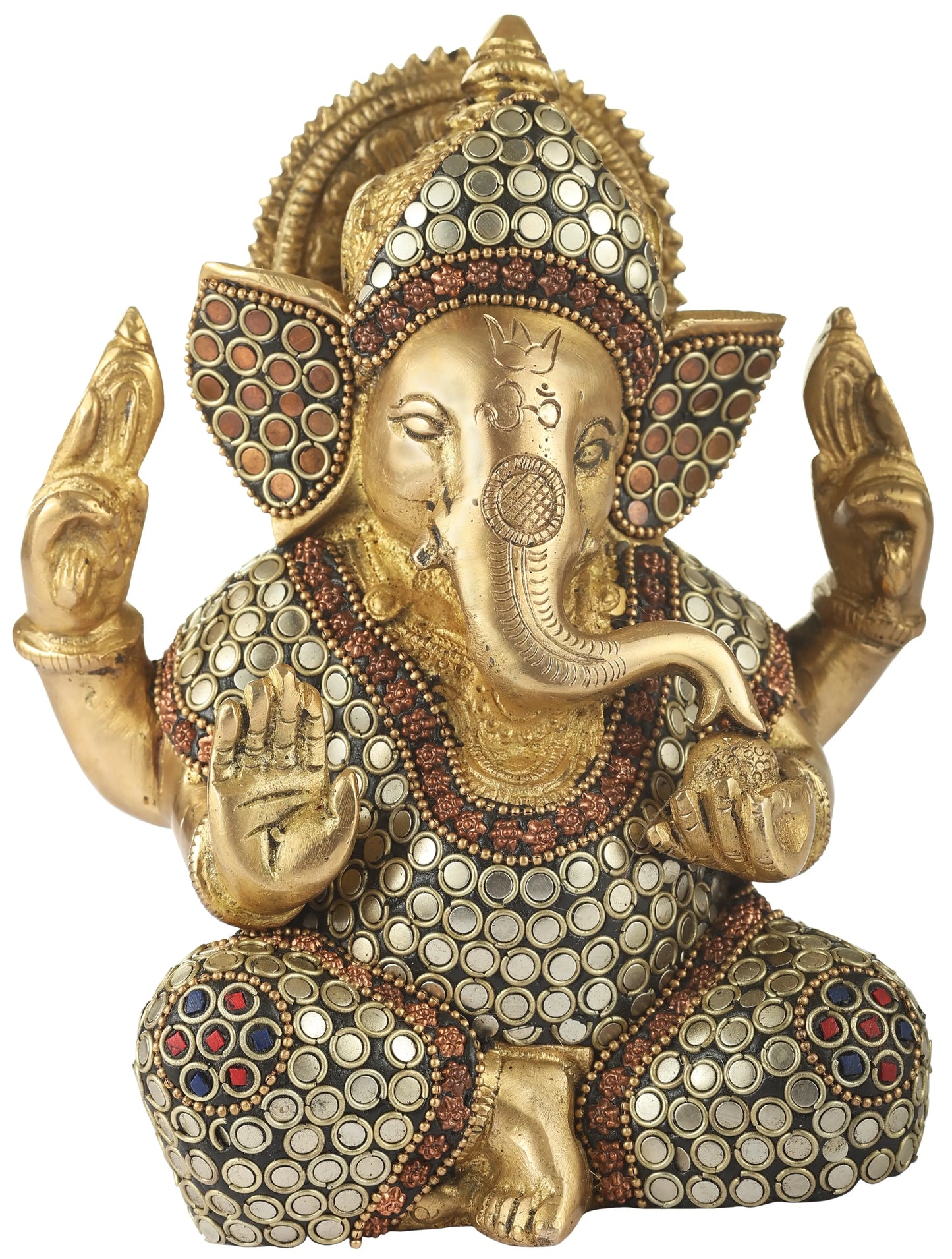 Brassaura™ Brass Ganesha Idol with Inlay Work for Home Temple & Desk Decor | 6.5 Inches | 2.26 kgs