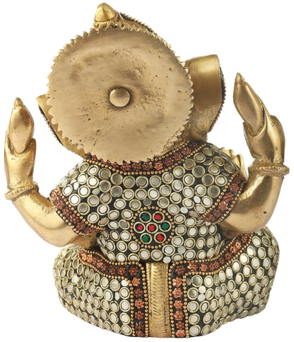 Brassaura™ Brass Ganesha Idol with Inlay Work for Home Temple & Desk Decor | 6.5 Inches | 2.26 kgs
