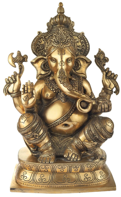 Brassaura™ Solid Brass Ganesha Idol for Home Temple & Entrance Decor | 16 Inches | 12.17 kgs