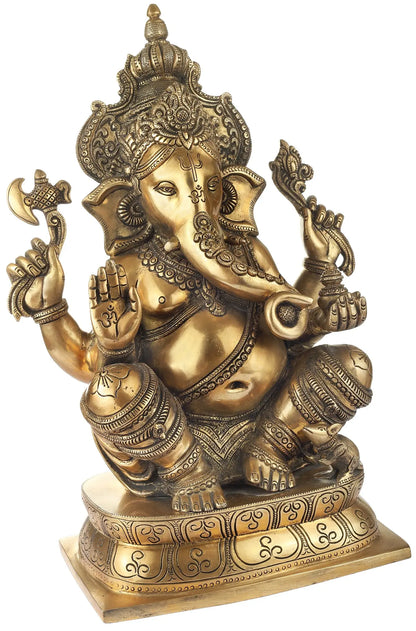 Brassaura™ Solid Brass Ganesha Idol for Home Temple & Entrance Decor | 16 Inches | 12.17 kgs