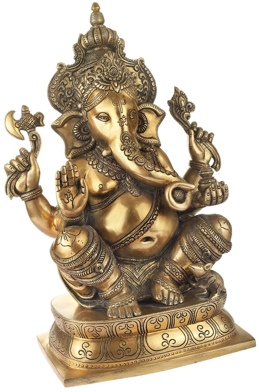 Brassaura™ Solid Brass Ganesha Idol for Home Temple & Entrance Decor | 16 Inches | 12.17 kgs