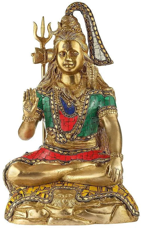 ब्रासौरा™ पीतल की शिव प्रतिमा इनले वर्क के साथ | ऊँचाई 14 इंच और वज़न 7.40 किलोग्राम